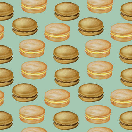 Digital illustration of food seamless pattern: hamburgers, burgers, sandwiches, burgers, chicken, burger on a blue background. High quality illustrationの写真素材