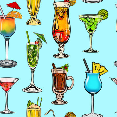 Watercolor digital illustration seamless pattern of cocktails of different shapesの写真素材