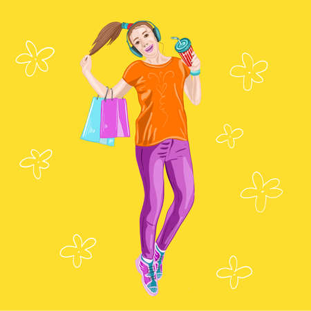 Illustration stylization of a happy girl after shopping on a white isolated background. Vector illustrationのイラスト素材