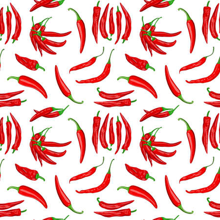Digital illustration of a seamless pattern of red hot cayenne pepper pods on a white background. High quality illustrationの写真素材