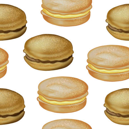 Digital illustration of food seamless pattern: hamburgers, burgers, sandwiches, burgers, chicken, burger on a white background. High quality illustrationの写真素材