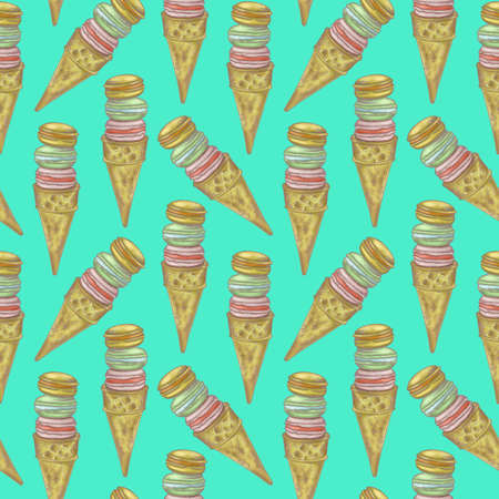 Illustration digital drawing ice cream seamless pattern of different shapes and colors on a green background. High quality illustrationの写真素材
