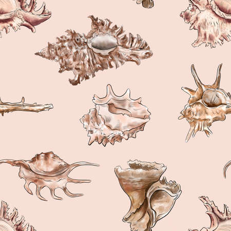 Watercolor digital illustration seamless pattern of seashells from brown marine life on background. High quality illustrationの写真素材