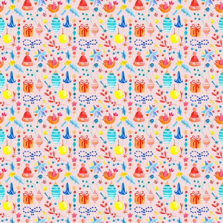 Seamless raster watercolor pattern of Christmas and New Year symbols. Elements and items of the holiday on the pink background.の写真素材