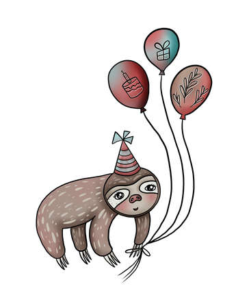 Illustration of a cute brown sloth with a festive cap on his head and balloons on a white isolated background.の写真素材