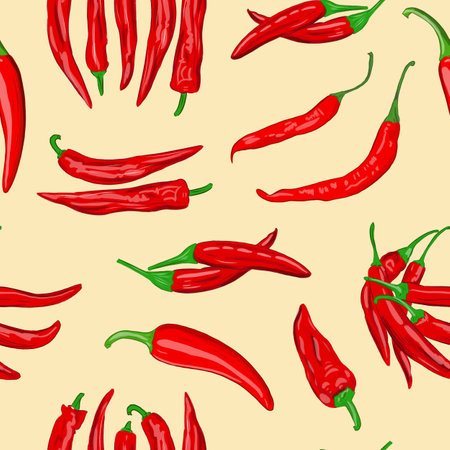 Digital illustration of a seamless pattern of red hot cayenne pepper pods on a yellow background. High quality illustrationの写真素材