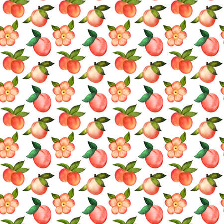 Illustration digital watercolor seamless pattern of peach and flowersの写真素材