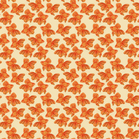 Digital illustration of orange detailed aquarium goldfish seamless pattern on yellow background. High quality illustrationの写真素材
