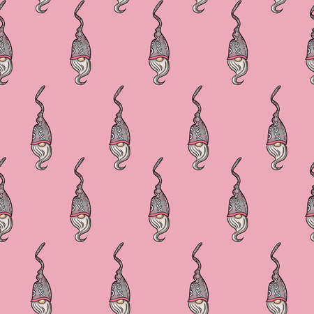 Seamless pattern illustration of a gnome with a beard in a hat. New year and christmas symbol on a pink background. High quality illustrationの写真素材