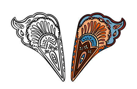 Illustration raster element paisley on in color and black and white version for coloring pages on white isolated background. High quality illustrationの写真素材