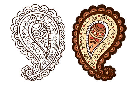 Illustration raster element paisley on in color and black and white version for coloring pages on white isolated background. High quality illustrationの写真素材