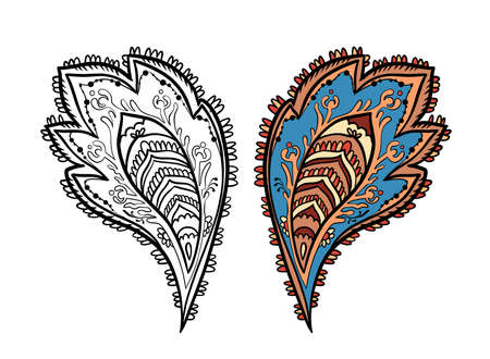 Illustration raster element paisley on in color and black and white version for coloring pages on white isolated background. High quality illustrationの写真素材