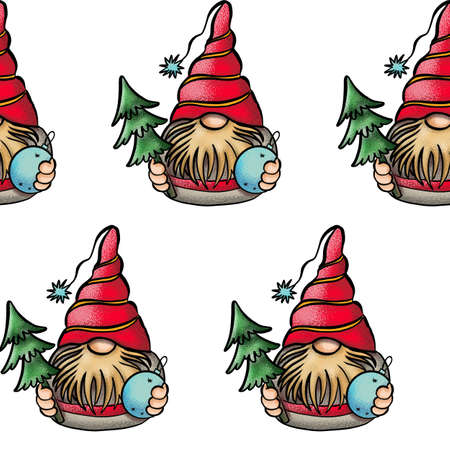 Seamless pattern illustration of a gnome with a beard in a hat. New year and christmas symbol on white isolated background. High quality illustrationの写真素材
