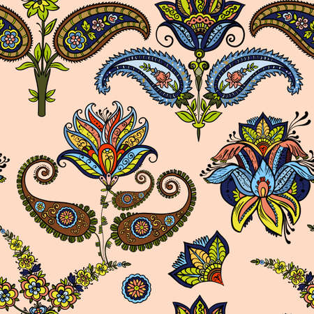 Illustration raster seamless paisley pattern with patterns on beige background. High quality illustrationの写真素材