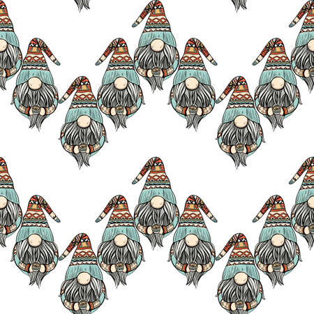 Seamless pattern illustration of a gnome with a beard in a hat. New year and christmas symbol on white isolated background. High quality illustrationの写真素材