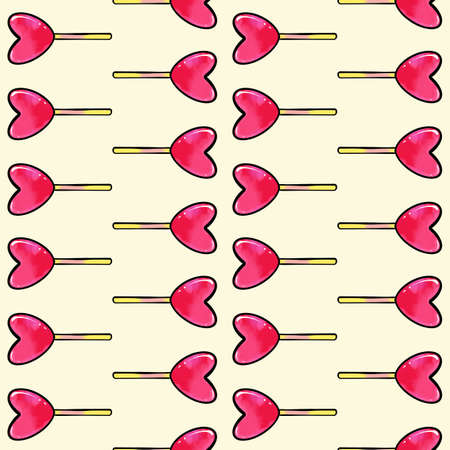 Seamless raster pattern of heart shaped lollipop candy on a yellow background. High quality illustrationの写真素材