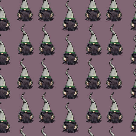 Seamless pattern illustration of a gnome with a beard in a hat. New year and christmas symbol on a brown background. High quality illustrationの写真素材