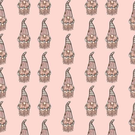 Seamless pattern illustration of a gnome with a beard in a hat. New year and christmas symbol on a pink background. High quality illustrationの写真素材