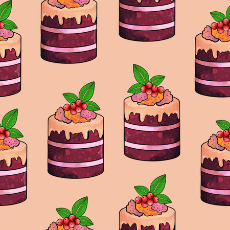 Illustration raster seamless pattern brown color cake pieces on orange background. High quality...