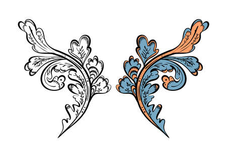 Illustration raster element paisley on in color and black and white version for coloring pages on white isolated background. High quality illustrationの写真素材