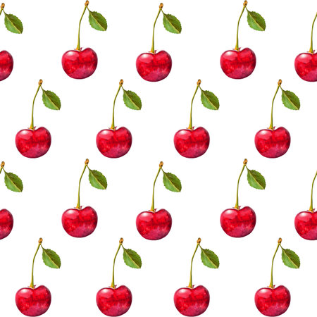 Illustration realism seamless pattern berry red cherry with green leaf on a white isolated...