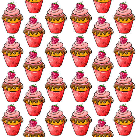 Illustration raster seamless pattern cream dessert red color decorated with strawberries on white isolated background. High quality illustrationの写真素材