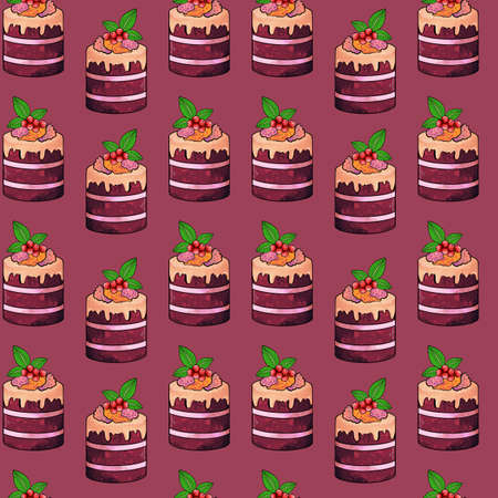 Illustration raster seamless pattern brown color cake pieces on red brown background. High quality illustrationの写真素材
