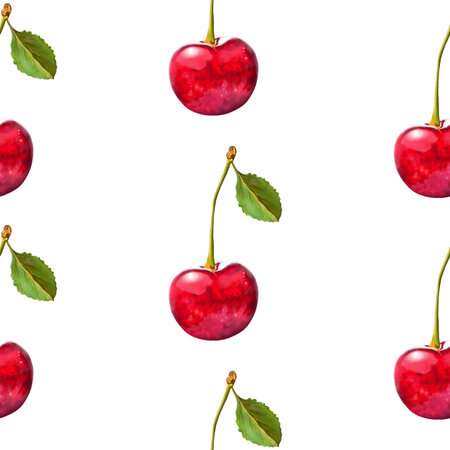 Illustration realism seamless pattern berry red cherry with green leaf on a white isolated...