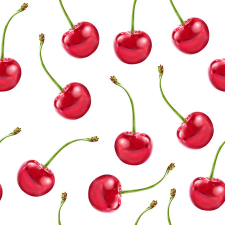 Illustration realism seamless pattern berry red cherry on a white isolated background. High quality...