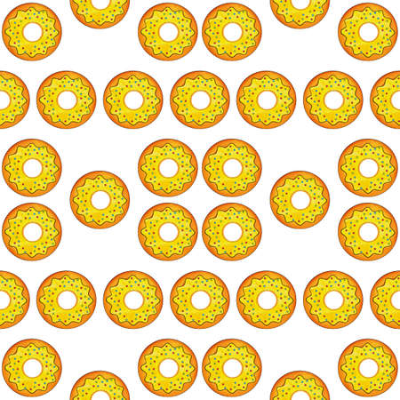 Seamless pattern of yellow donuts on a white isolated background. Confectionery sweets top view. High quality illustrationの写真素材