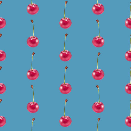Illustration realism seamless pattern berry red cherry on a blue background. High quality illustrationの写真素材