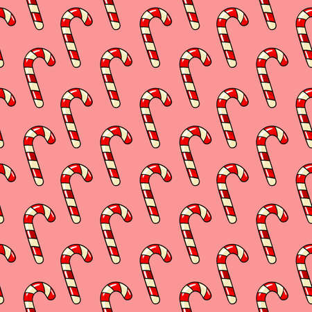 Seamless raster pattern candy lollipop red candy cane with white stripes on pink background. High quality illustrationの写真素材