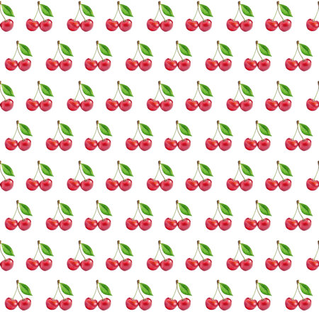 Illustration realism seamless pattern berry red cherry with green leaf on a white isolated...