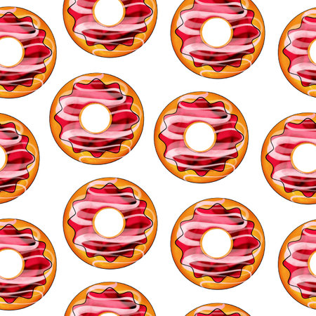 Seamless pattern of red donuts on a white isolated background. Confectionery sweets top view. High quality illustrationの写真素材