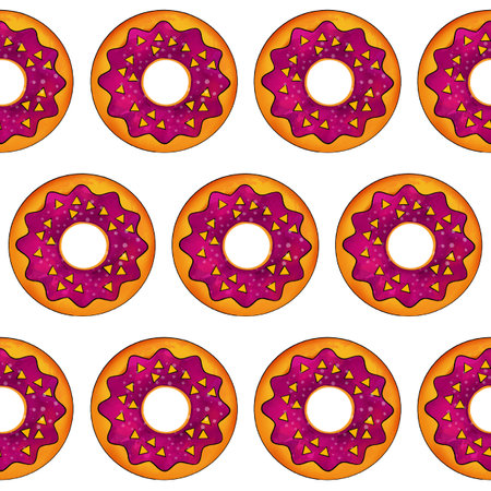 Seamless pattern of donuts in lilac color on a white isolated background. Confectionery sweets top view. High quality illustrationの写真素材