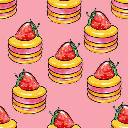 Illustration raster seamless pattern round yellow.red color cake decorated with strawberries on a pink background. High quality illustrationの写真素材