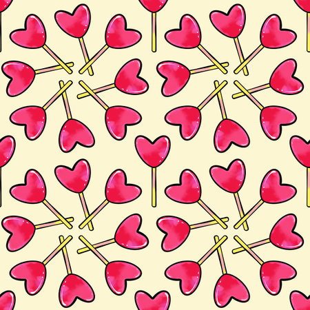 Seamless raster pattern of heart shaped lollipop candy on a yellow background. High quality illustrationの写真素材