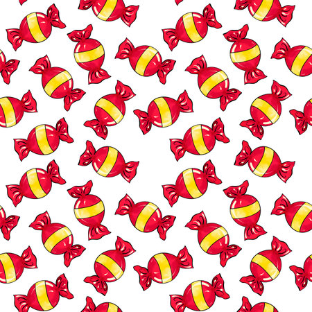 Seamless raster pattern of candy wrapped in red color with yellow stripe on white isolated background. High quality illustrationの写真素材