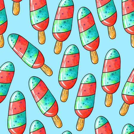 Seamless raster pattern of blue red ice cream on stick with creamy taste on light blue background....