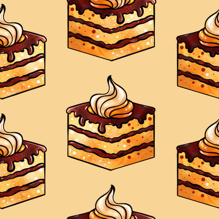 Illustration raster seamless pattern brown color cake pieces on yellow background. High quality illustrationの写真素材
