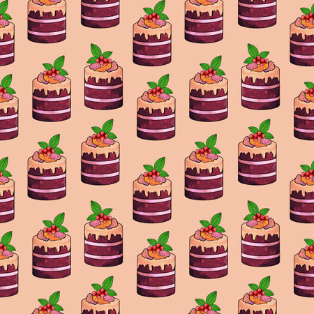 Illustration raster seamless pattern brown color cake pieces on orange background. High quality illustrationの写真素材