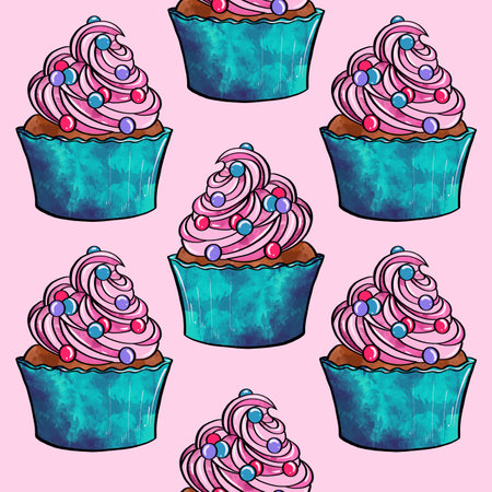 Seamless raster pattern of cupcakes with blue base and pink lilac cream berry fillings on lilac background. High quality illustrationの写真素材