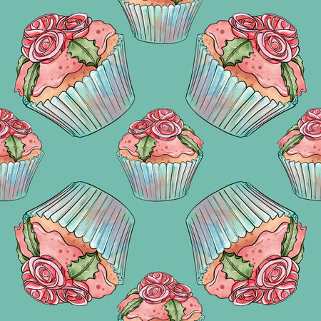 Seamless raster pattern of cupcakes with blue base and pink creamy berry fillings on blue background. High quality illustrationの写真素材
