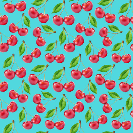 Illustration realism seamless pattern berry red cherry with green leaf on a light blue background. High quality illustrationの写真素材