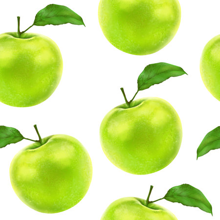 Illustration realism seamless pattern fruit apple green color on a white isolated background. High quality illustrationの写真素材