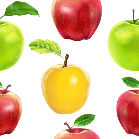 Illustration realism seamless pattern fruit apple of different colors on a white isolated background. High quality illustrationの写真素材