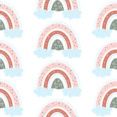 Illustration cartoon seamless pattern of rainbows in pink brown color on a white isolated background. High quality illustrationの写真素材