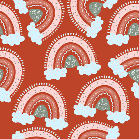 Illustration cartoon seamless pattern rainbows pink brown color on orange background. High quality illustrationの写真素材