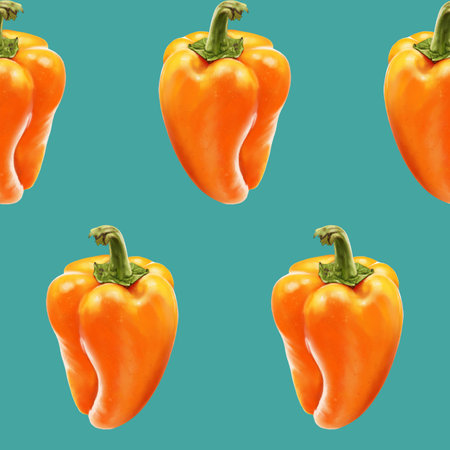 Illustration realism seamless pattern vegetable paprika orange color on a blue background. Sweet bell pepper. High quality illustrationの写真素材