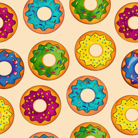 Seamless pattern of donuts multi colored on a beige background. Confectionery sweets top view. High quality illustrationの写真素材
